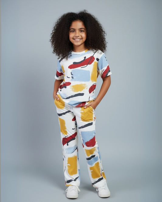 Multicolor Premium Cotton Overall Printed T-Shirt & Pyjama Set for Girls