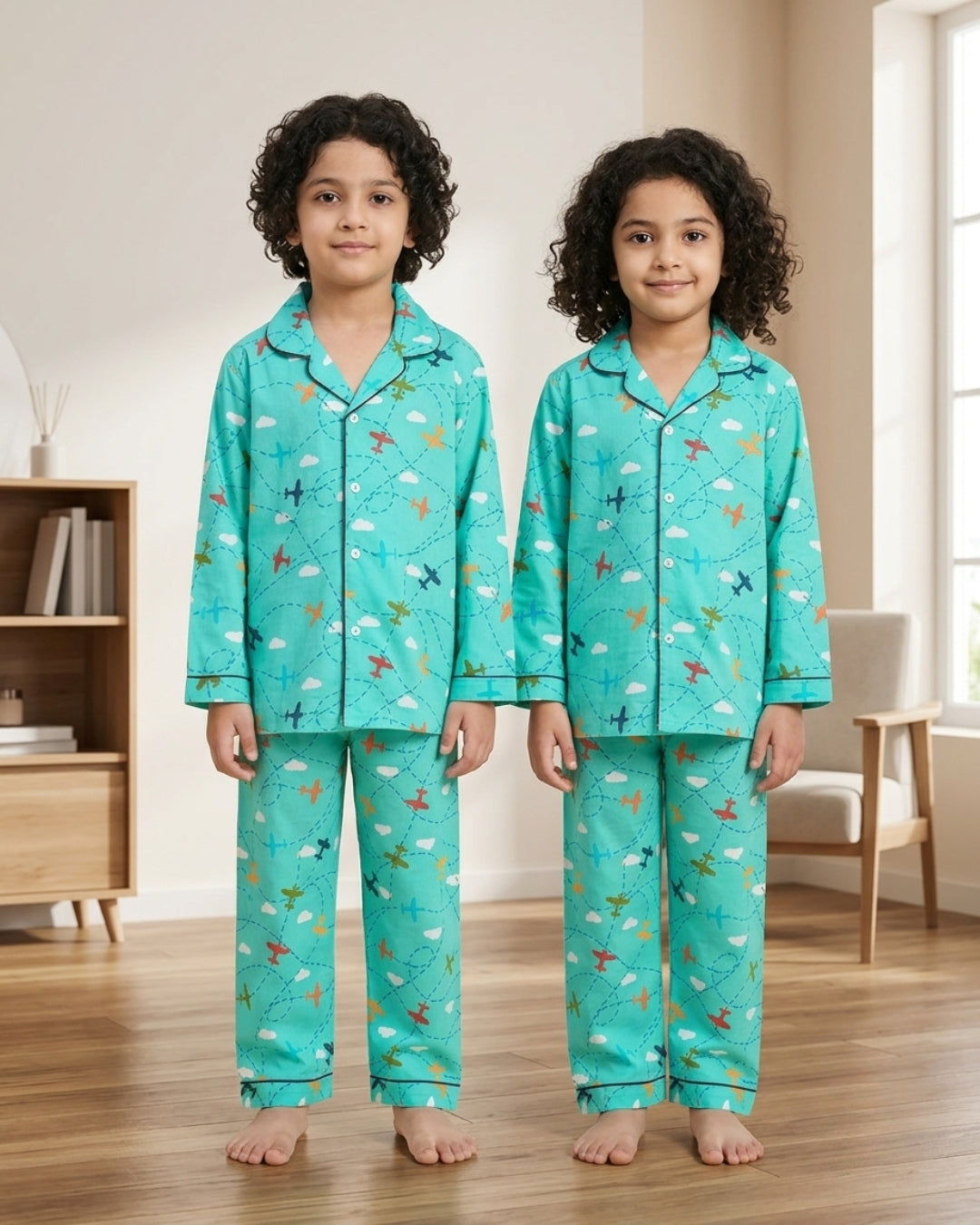 Green Airplane Printed Cotton Kids Night Suit