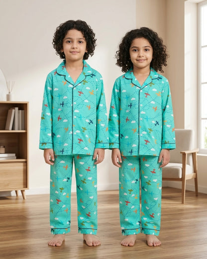 Green Airplane Printed Cotton Kids Night Suit