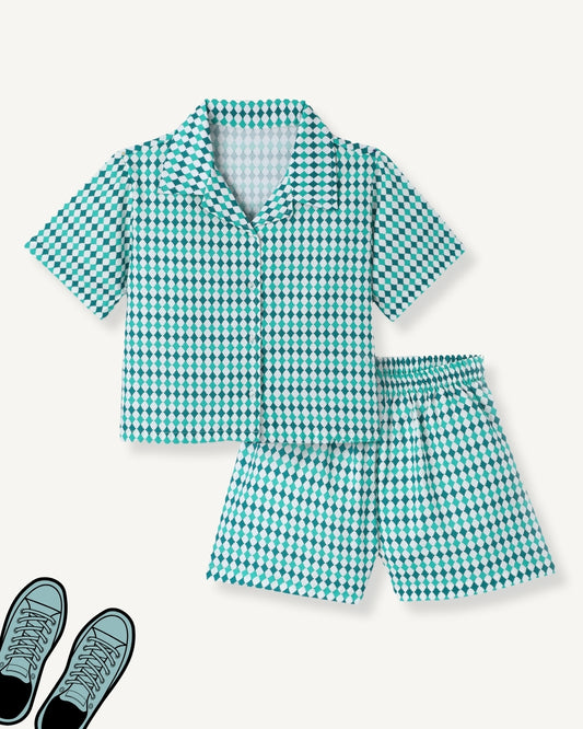 Green Premium Cotton Bio Finish Half Sleeves Checks Printed Collar Style T-Shirt & Shorts Co-ord Set for Girls