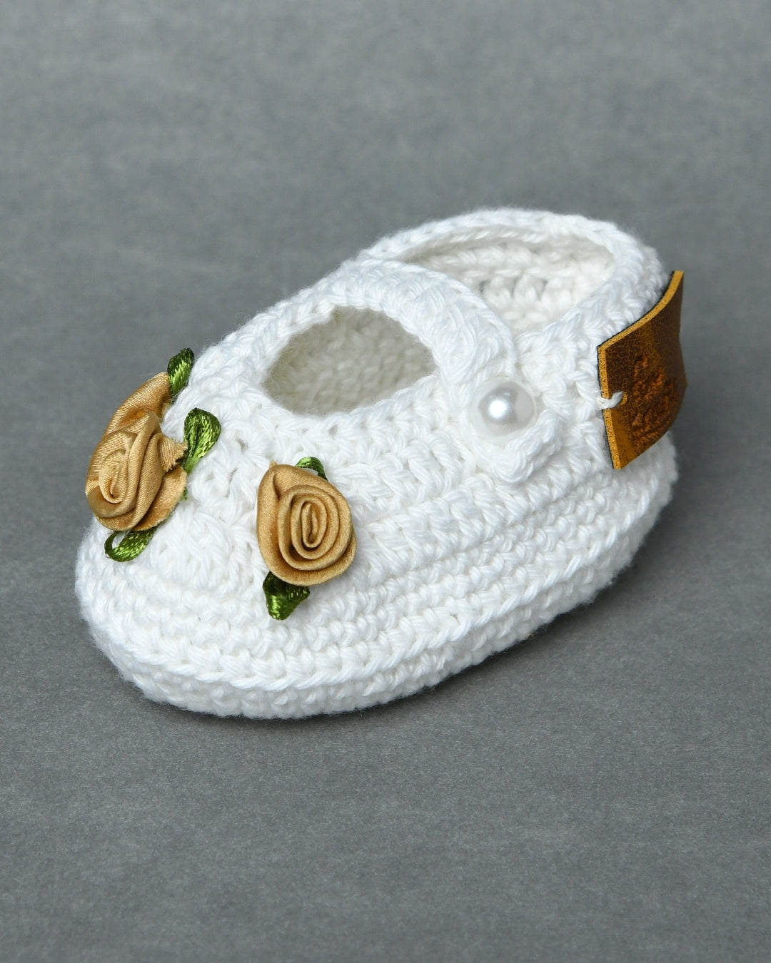 White Handmade Organic Thread Crochet Booties with Beige Floral Embellishment for Girls