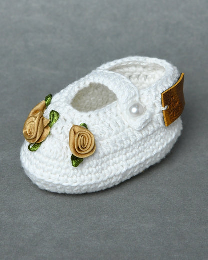 White Handmade Organic Thread Crochet Booties with Beige Floral Embellishment for Girls