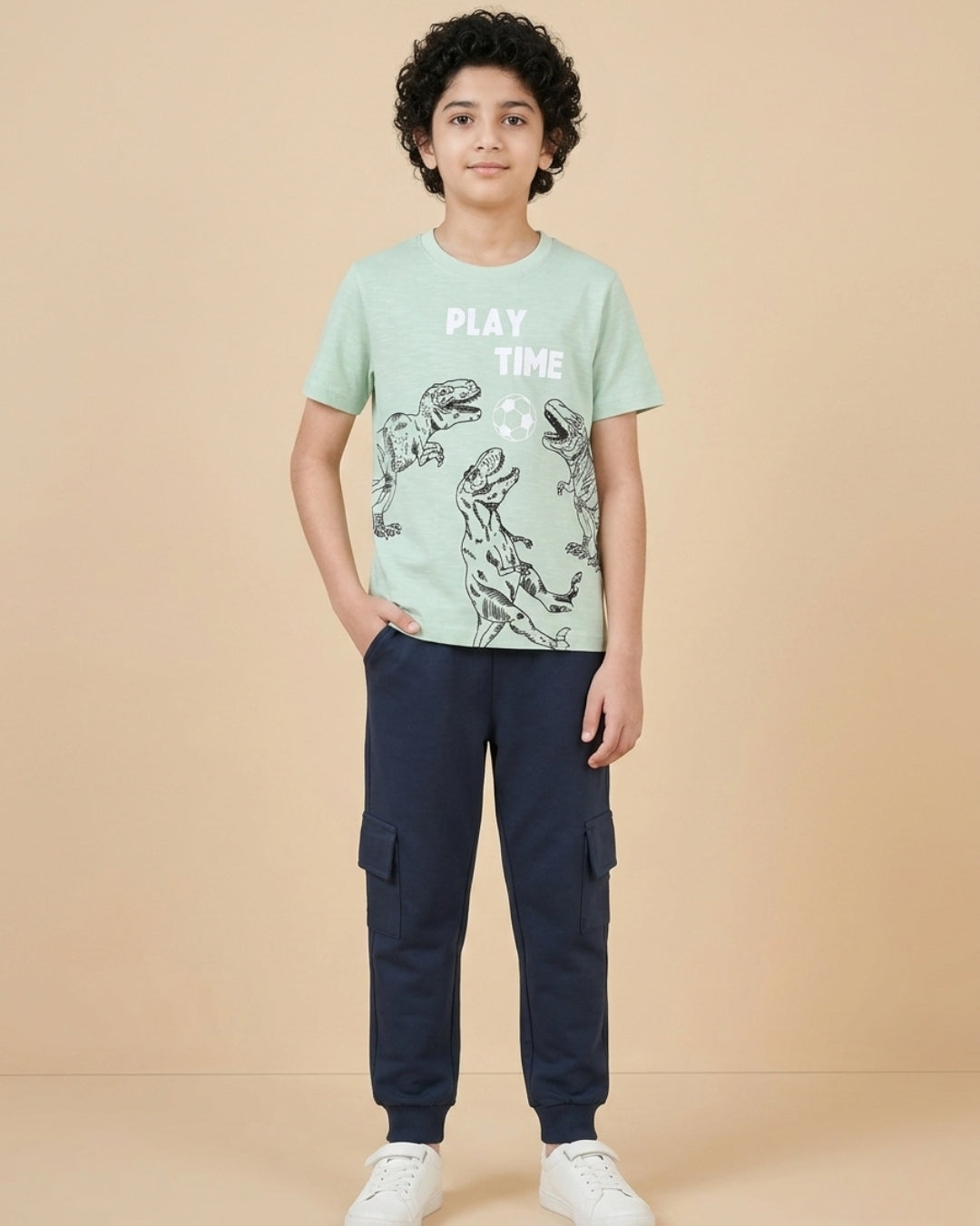 Dinosaur Printed Premium Cotton Half Sleeves Green T-Shirt with Navy Blue Jogger for Boys
