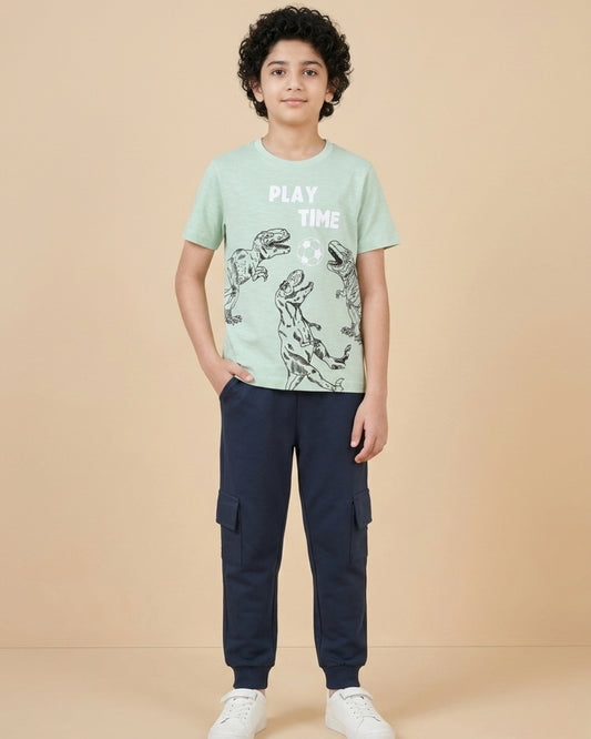 Dinosaur Printed Premium Cotton Half Sleeves Green T-Shirt with Navy Blue Jogger for Boys