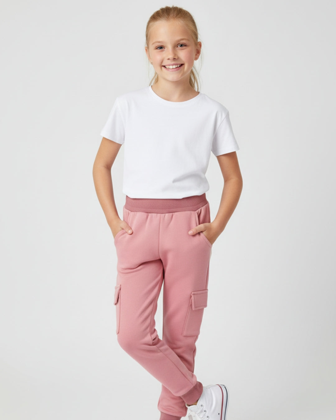 Pink Loop Knit Cotton Cargo Jogger with Pockets for Girls