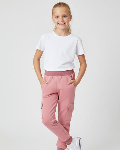 Pink Loop Knit Cotton Cargo Jogger with Pockets for Girls