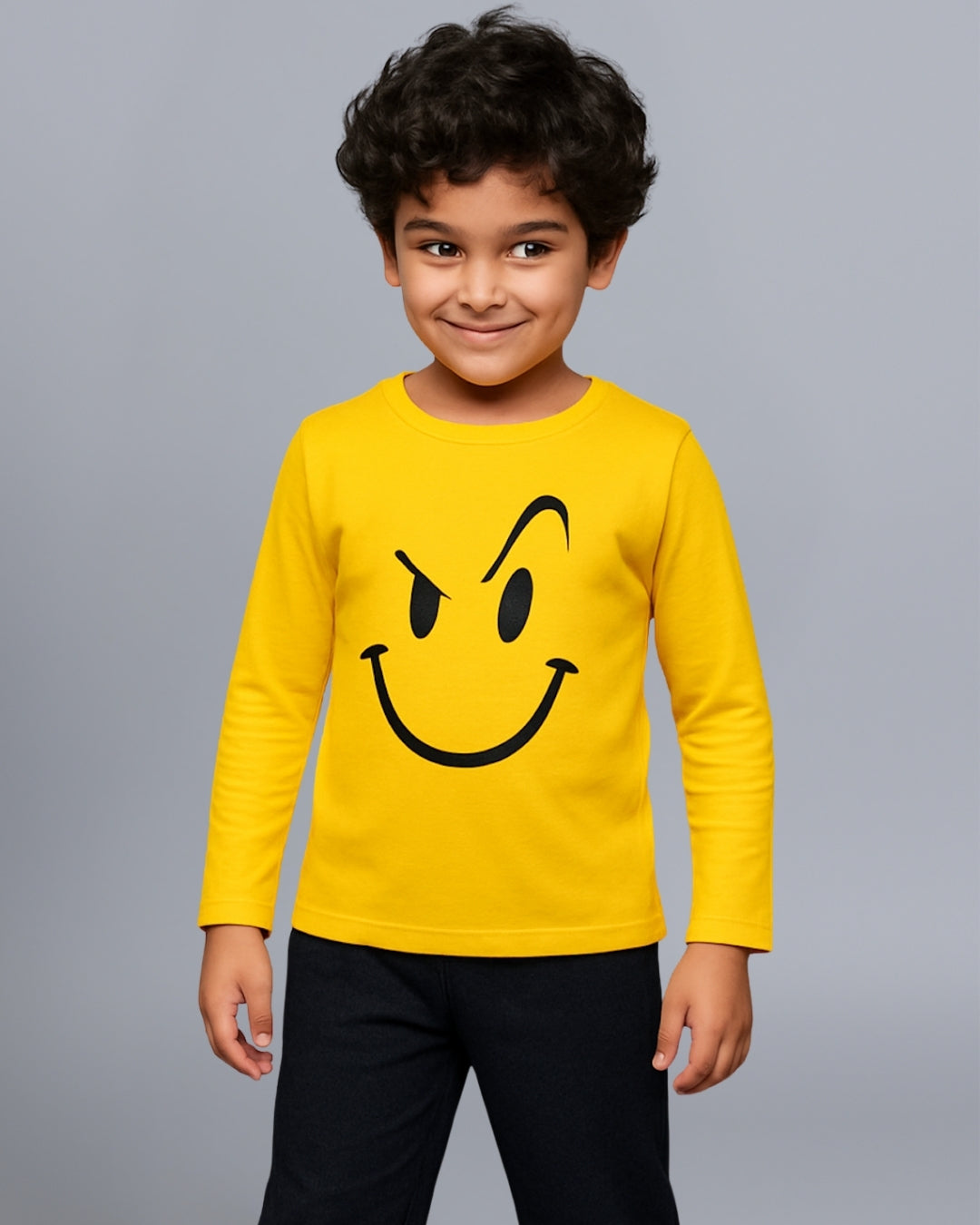 Yellow & Black Smiley Printed Cotton Night Suit for Kids