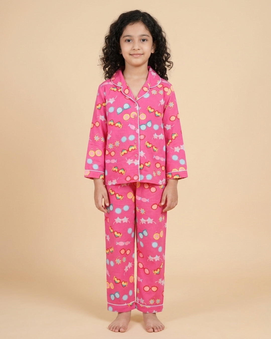 Pink Premium Cotton Full Sleeves Printed Collar Style Pyjama & T-Shirt Set for Girls