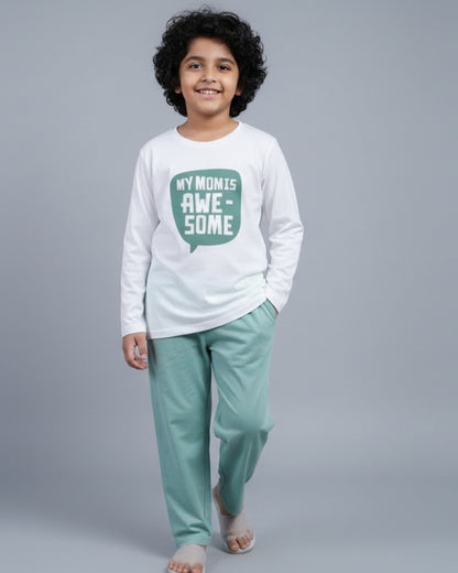 Typographic Printed Premium Cotton Full Sleeves White T-Shirt with Green Pyjama for Boys & Girls