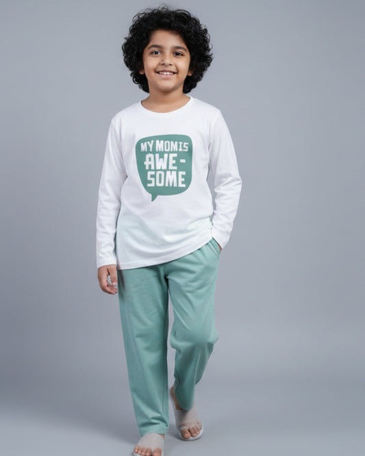 Typographic Printed Premium Cotton Full Sleeves White T-Shirt with Green Pyjama for Boys & Girls