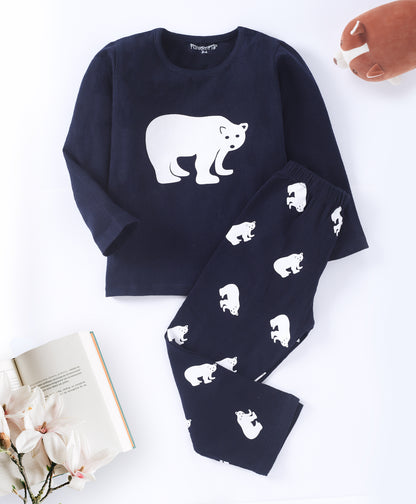Navy Blue Bear Printed Cotton Loungewear for Kids