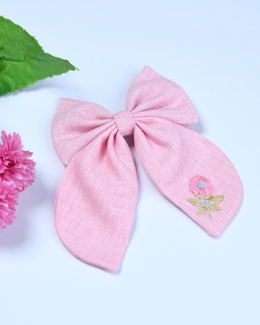Linen Embroided Bow Hairclip - Pink