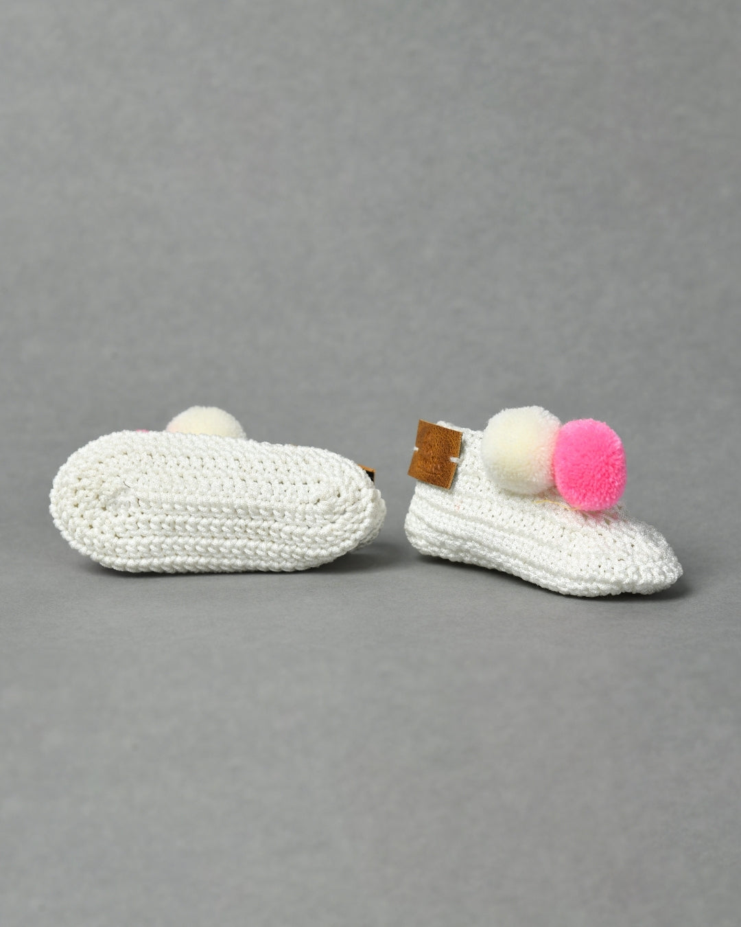 White & Pink Handmade Pom Pom Crochet Booties for Girls