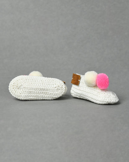 White & Pink Handmade Pom Pom Crochet Booties for Girls