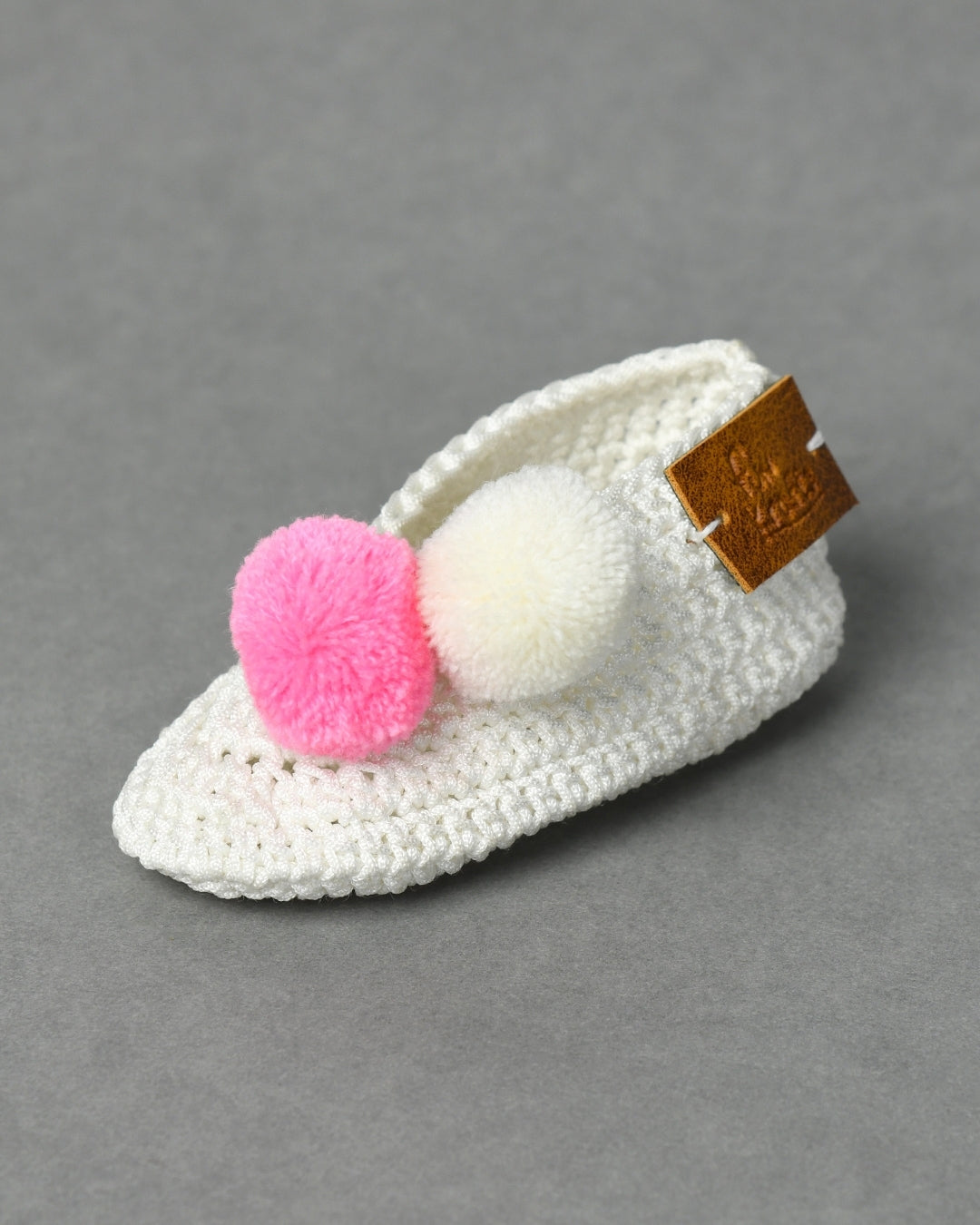 White & Pink Handmade Pom Pom Crochet Booties for Girls