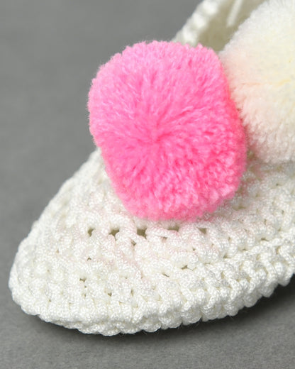 White & Pink Handmade Pom Pom Crochet Booties for Girls