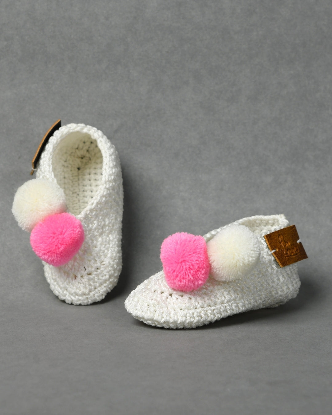 White & Pink Handmade Pom Pom Crochet Booties for Girls