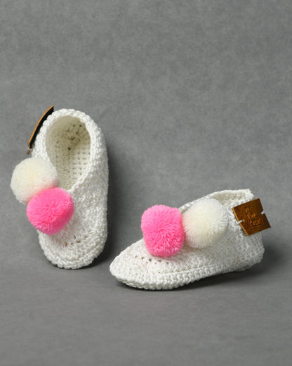 White & Pink Handmade Pom Pom Crochet Booties for Girls