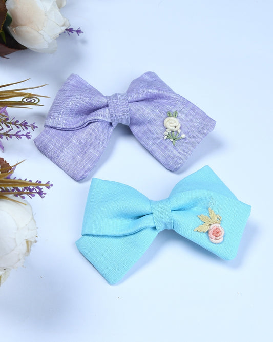 Pack Of 2 Linen Embroided Bow Hairclips - Multicolor