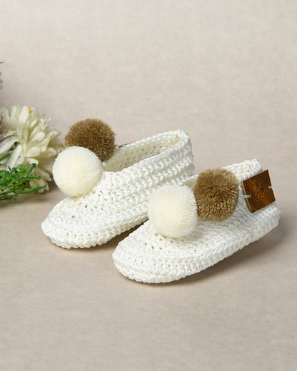 White & Brown Handmade Pom Pom Crochet Booties for Girls