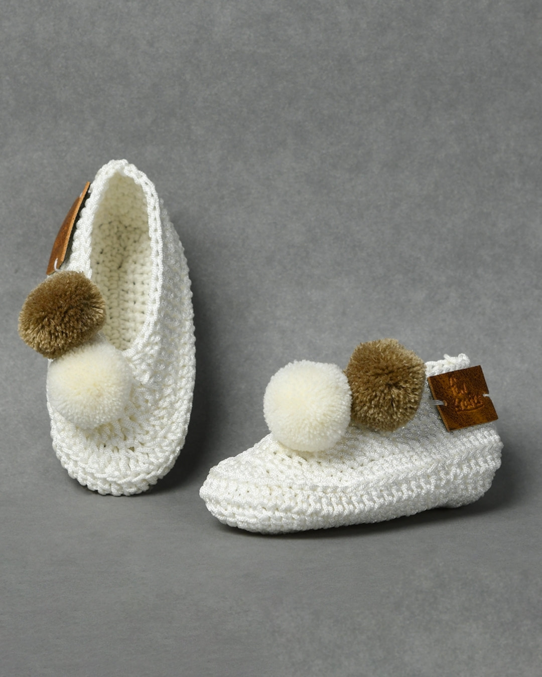 White & Brown Handmade Pom Pom Crochet Booties for Girls