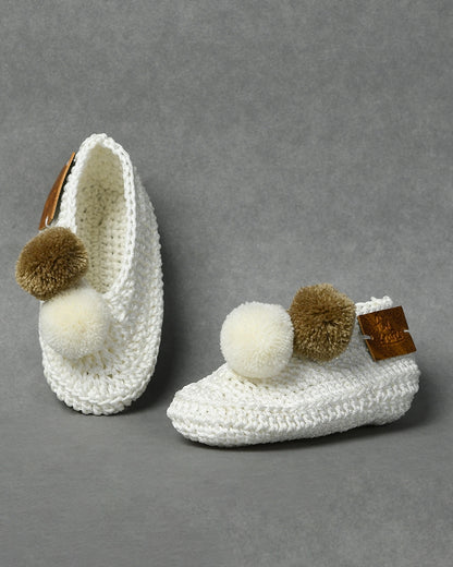 White & Brown Handmade Pom Pom Crochet Booties for Girls
