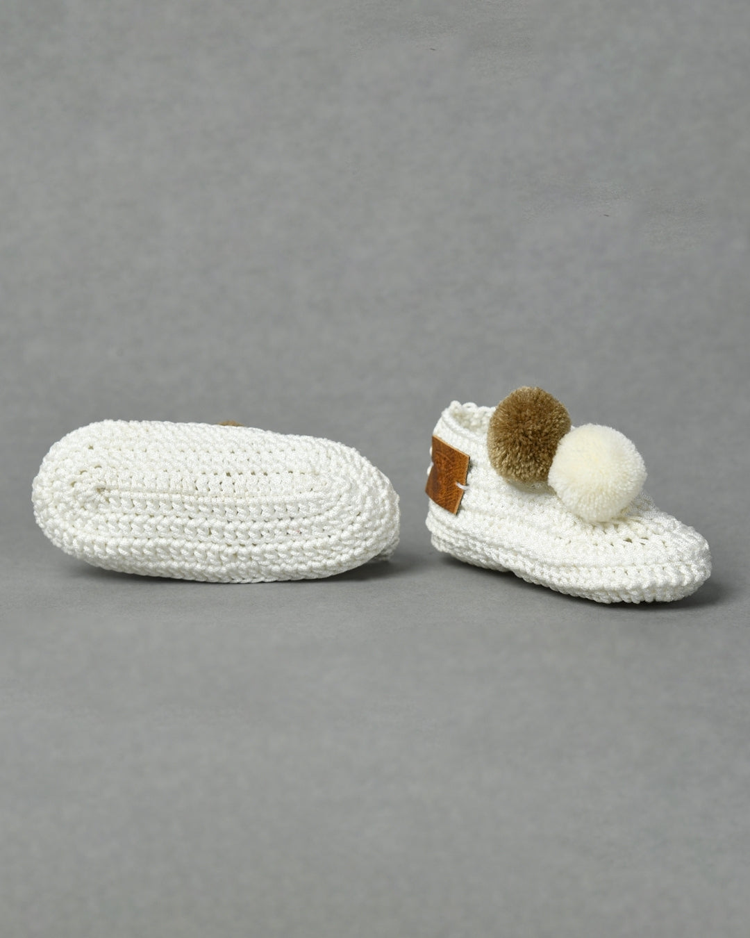 White & Brown Handmade Pom Pom Crochet Booties for Girls