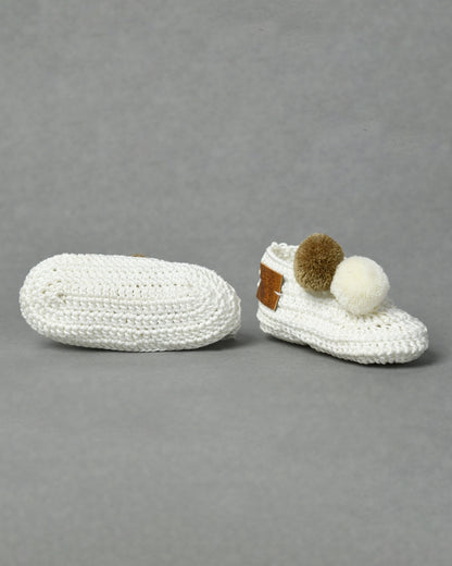 White & Brown Handmade Pom Pom Crochet Booties for Girls