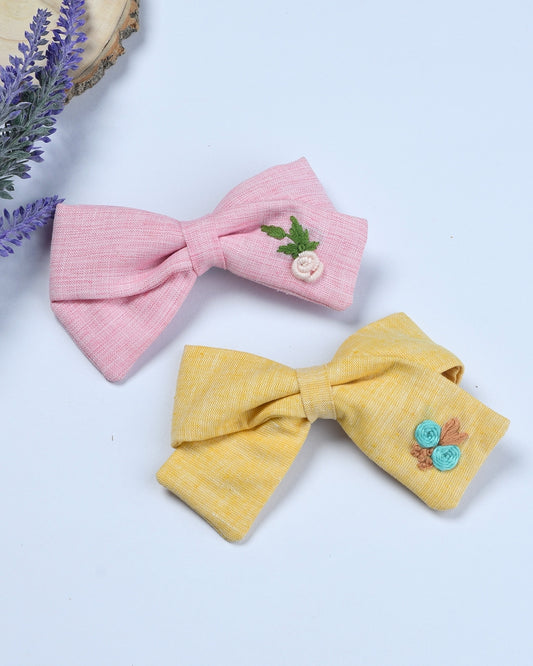 Pack Of 2 Linen Embroided Bow Hairclips - Multicolor
