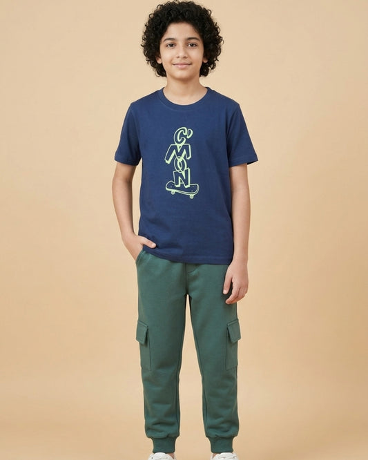 Graphic Printed Premium Cotton Half Sleeves Blue T-Shirt with Green Jogger for Boys