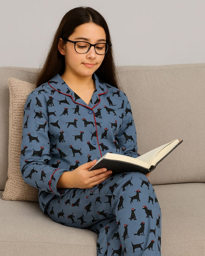 Blue Premium Cotton Puppy Printed Nightsuit for Girls