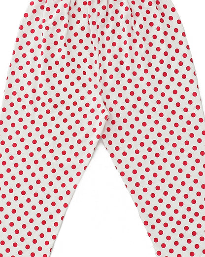 Pink Cotton Knit Full Length Polka Dots Printed Pajama
