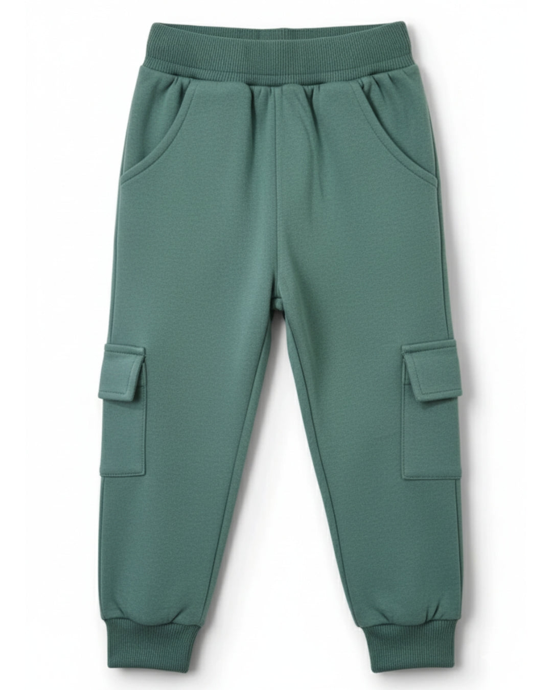 Green Loop Knit Cotton Cargo Jogger with Pockets for Boys & Girls