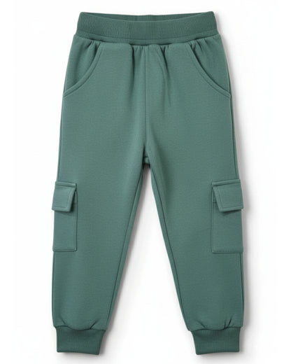 Green Loop Knit Cotton Cargo Jogger with Pockets for Boys & Girls