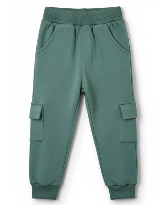 Green Loop Knit Cotton Cargo Jogger with Pockets for Boys & Girls