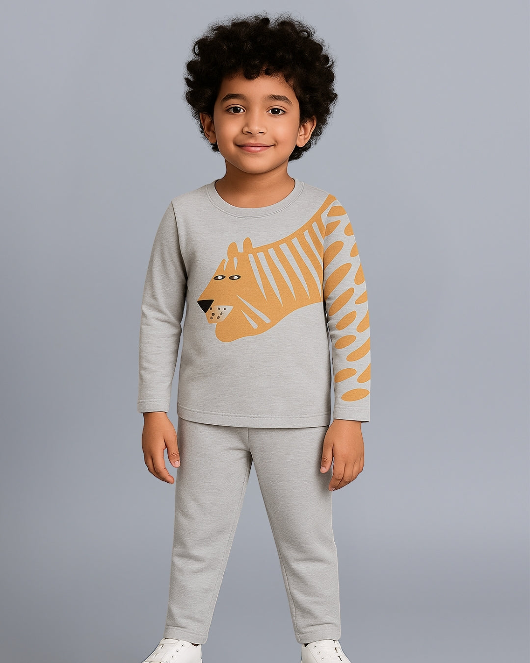 Grey Tiger Printed Cotton Night Suit for Kids