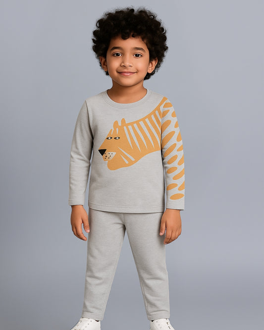 Grey Tiger Printed Cotton Night Suit for Kids