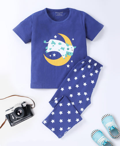 Blue & Yellow Pure Cotton Half Sleeves Printed T-shirt & Pyjama Set for Boys - Pack of 2