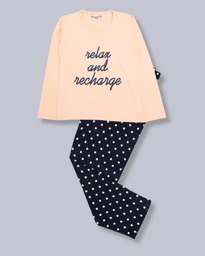 Peach & Navy Blue Typography Printed Night Dress for Girls