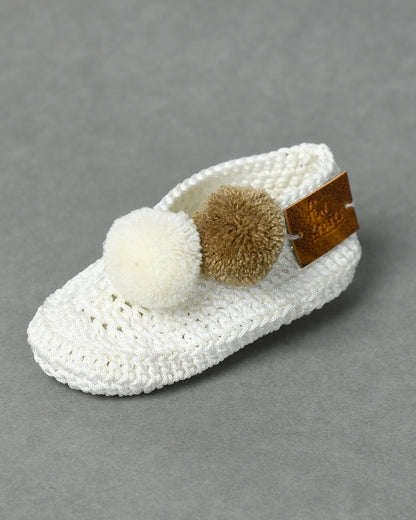 White & Brown Handmade Pom Pom Crochet Booties for Girls