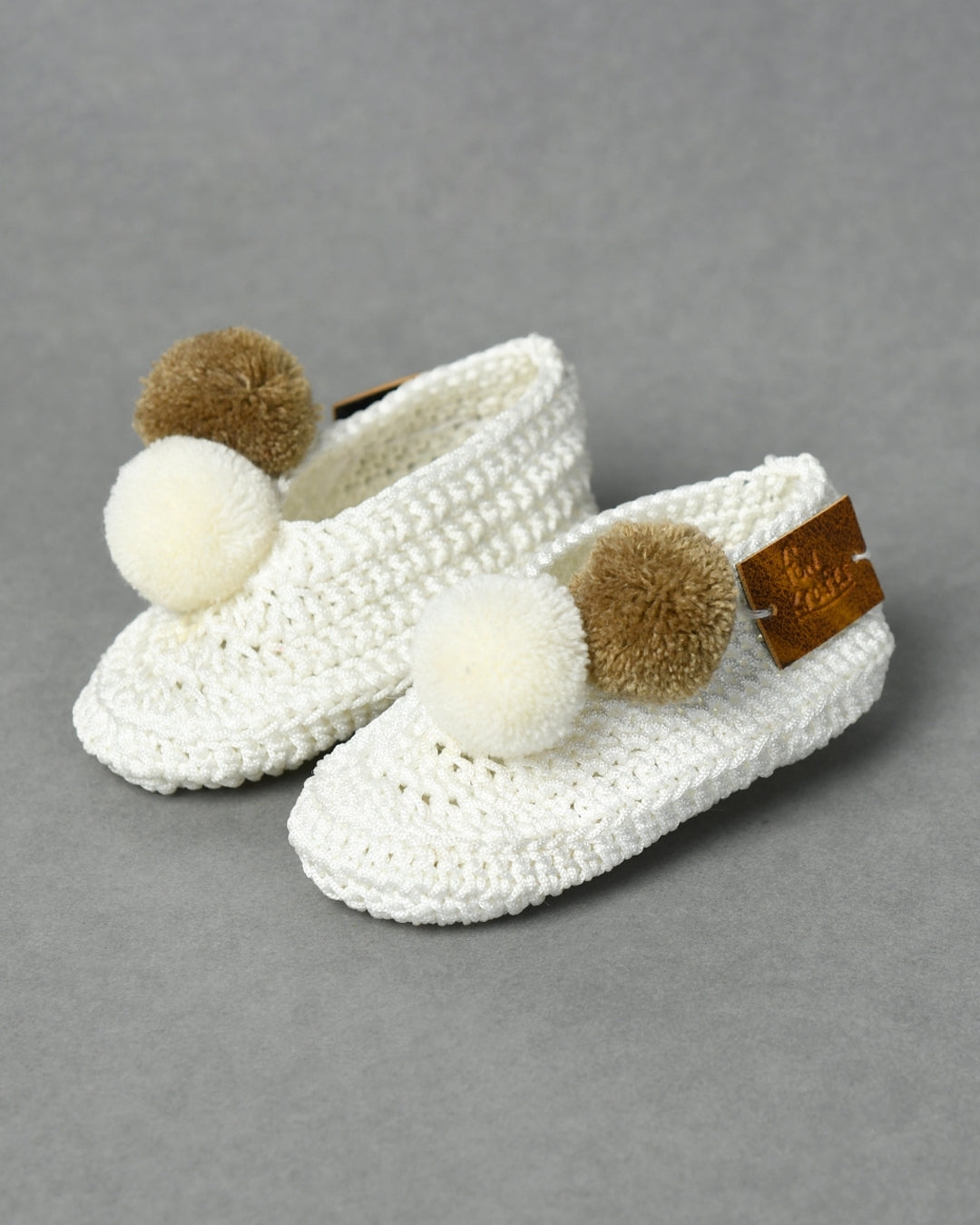 White & Brown Handmade Pom Pom Crochet Booties for Girls