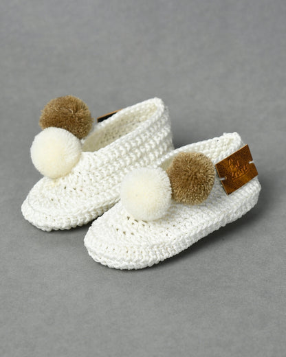 White & Brown Handmade Pom Pom Crochet Booties for Girls