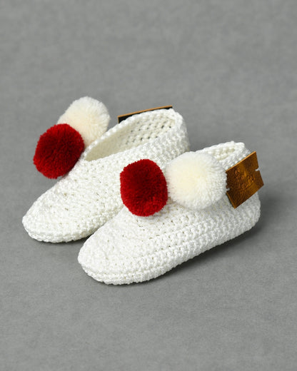 White & Red Handmade Pom Pom Crochet Booties for Girls