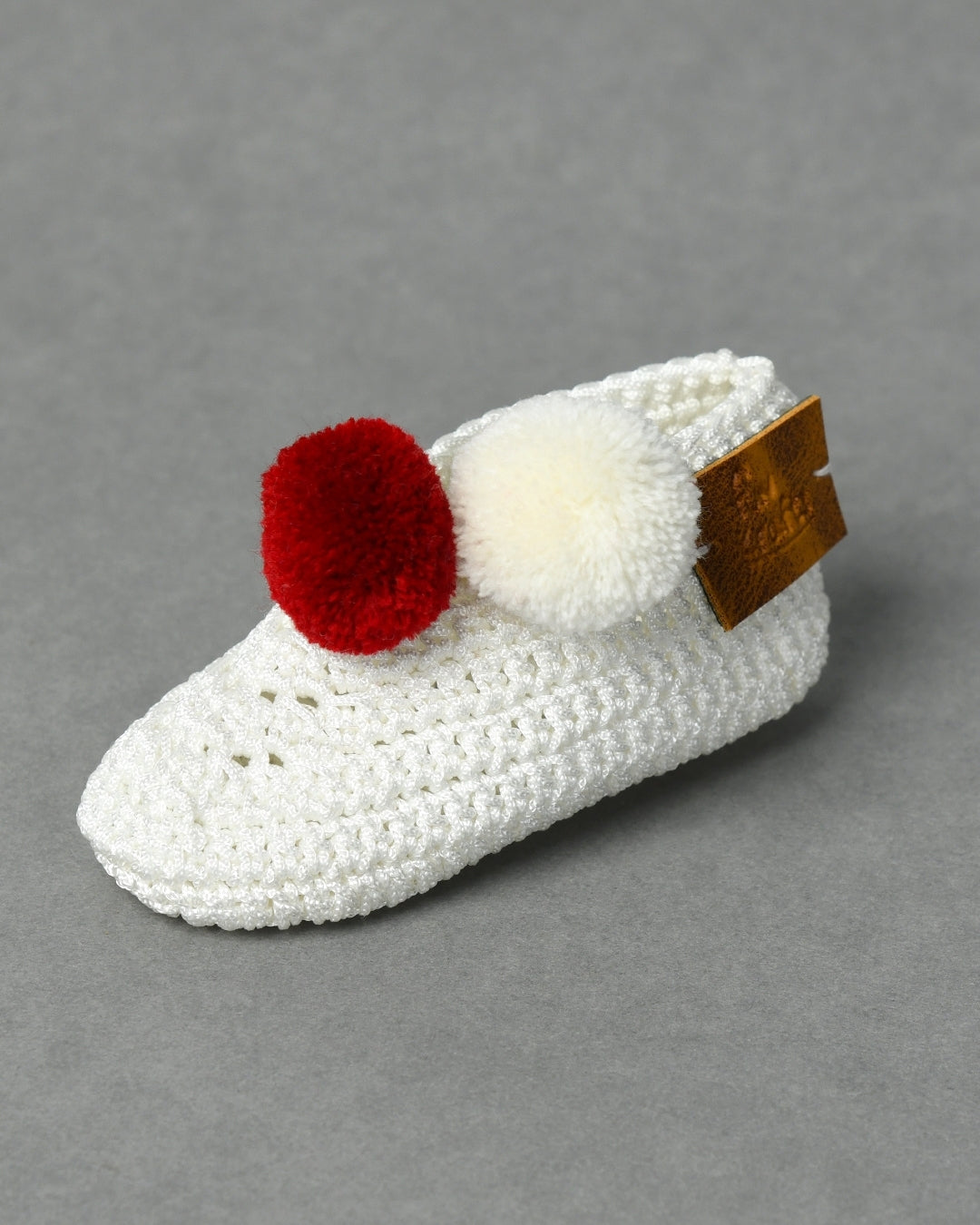 White & Red Handmade Pom Pom Crochet Booties for Girls