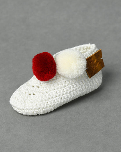 White & Red Handmade Pom Pom Crochet Booties for Girls