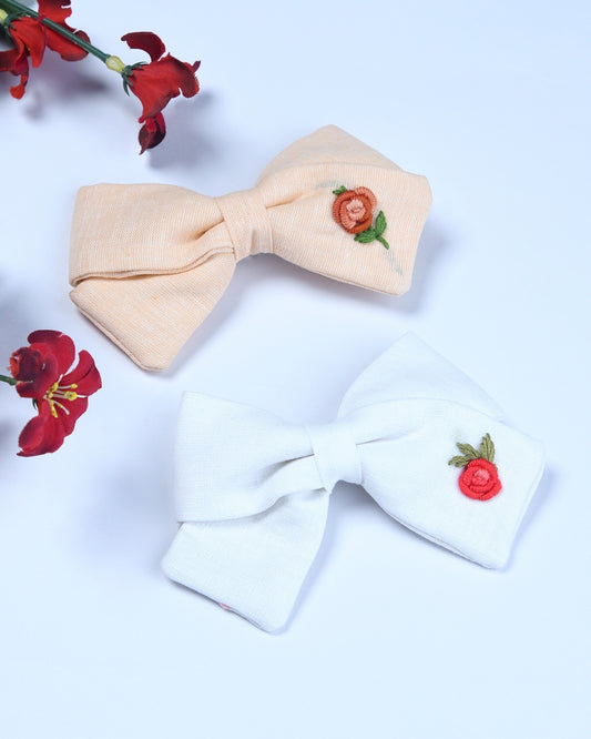 Pack Of 2 Linen Embroided Bow Hairclips - Multicolor