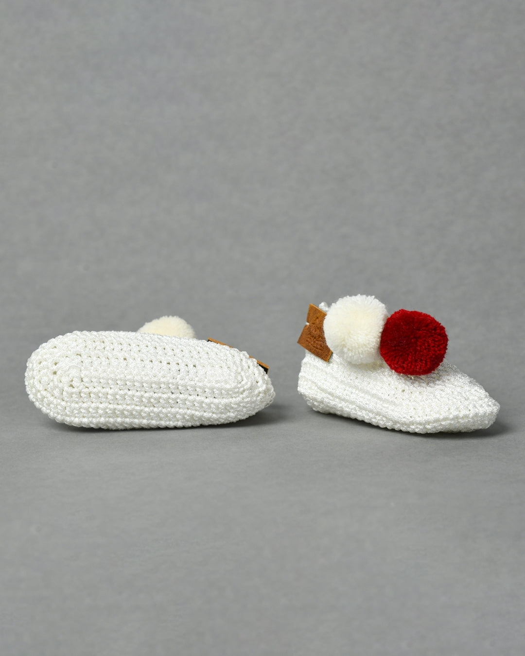 White & Red Handmade Pom Pom Crochet Booties for Girls