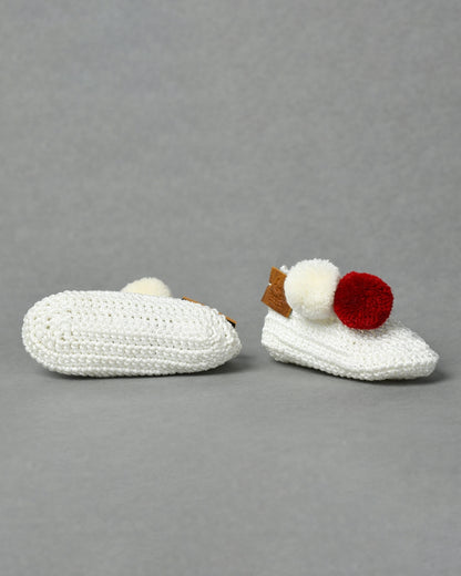 White & Red Handmade Pom Pom Crochet Booties for Girls