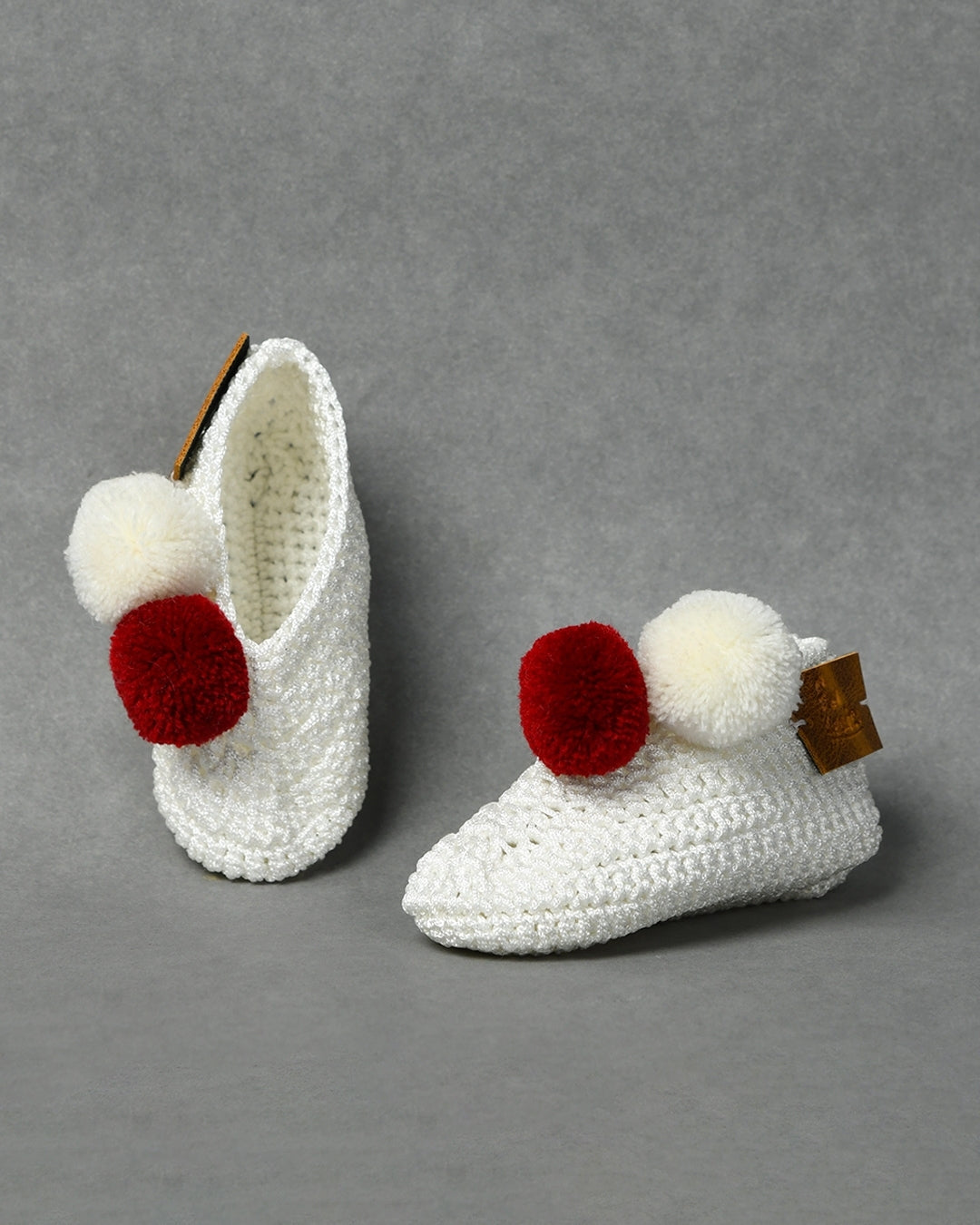 White & Red Handmade Pom Pom Crochet Booties for Girls