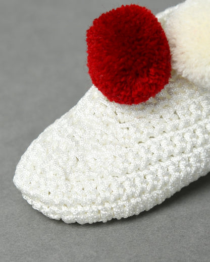 White & Red Handmade Pom Pom Crochet Booties for Girls